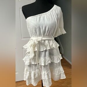 VICI White One Shoulder Tiered Ruffle Mini Dress Cotton Boho Summer Gauze M